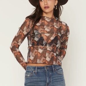 Sheer Long-Sleeve Horse-Print Top in Brown Multi
